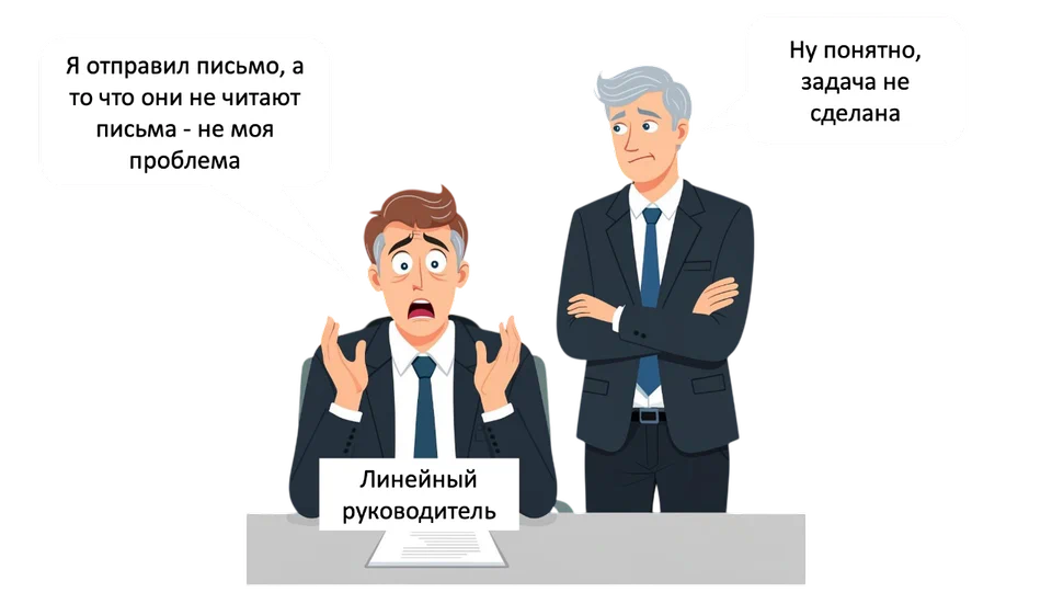Линейный руководитель и его начальник разводит руками, начальник стоит рядом, скрестив руки: «Я отправил письмо, а то, что они не читают письма, — не моя проблема». «Ну понятно, задача не сделана».