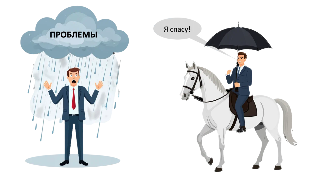 Над руководителем туча с надписью «Проблемы», подчинённый верхом на белом коне раскрывает над ним зонт: «Я спасу!»