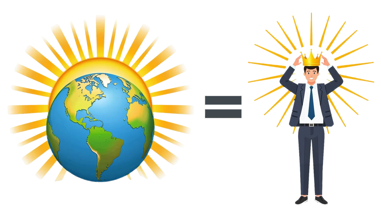 Сияющая Земля, знак равенства и руководитель в короне и сиянии