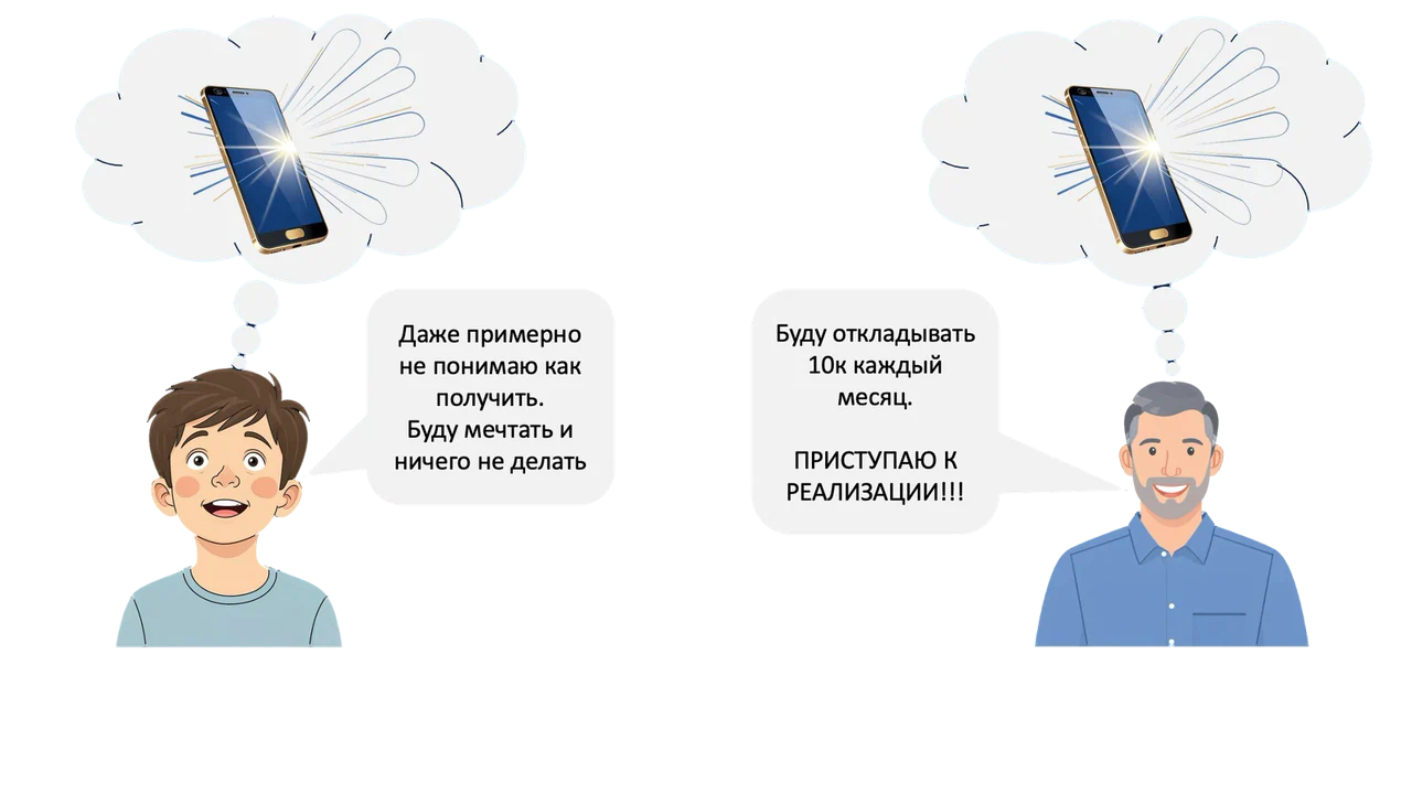 Двое мечтают о смартфоне: мальчик — «Даже примерно не понимаю, как получить. Буду мечтать и ничего не делать», мужчина — «Буду откладывать 10 тысяч каждый месяц. Приступаю к реализации!»