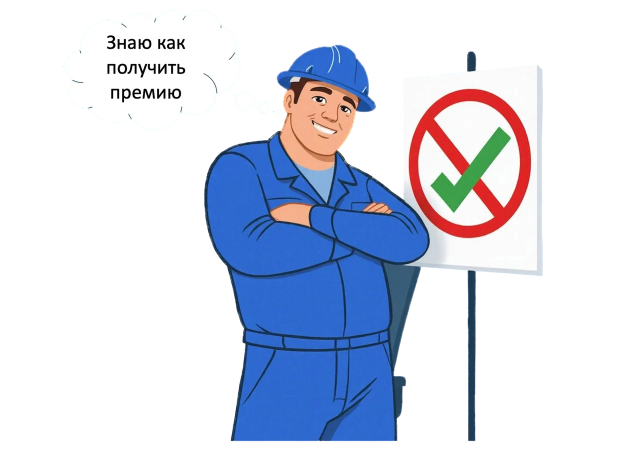 Рабочий в каске у знака с галочкой: «Знаю, как получить премию»