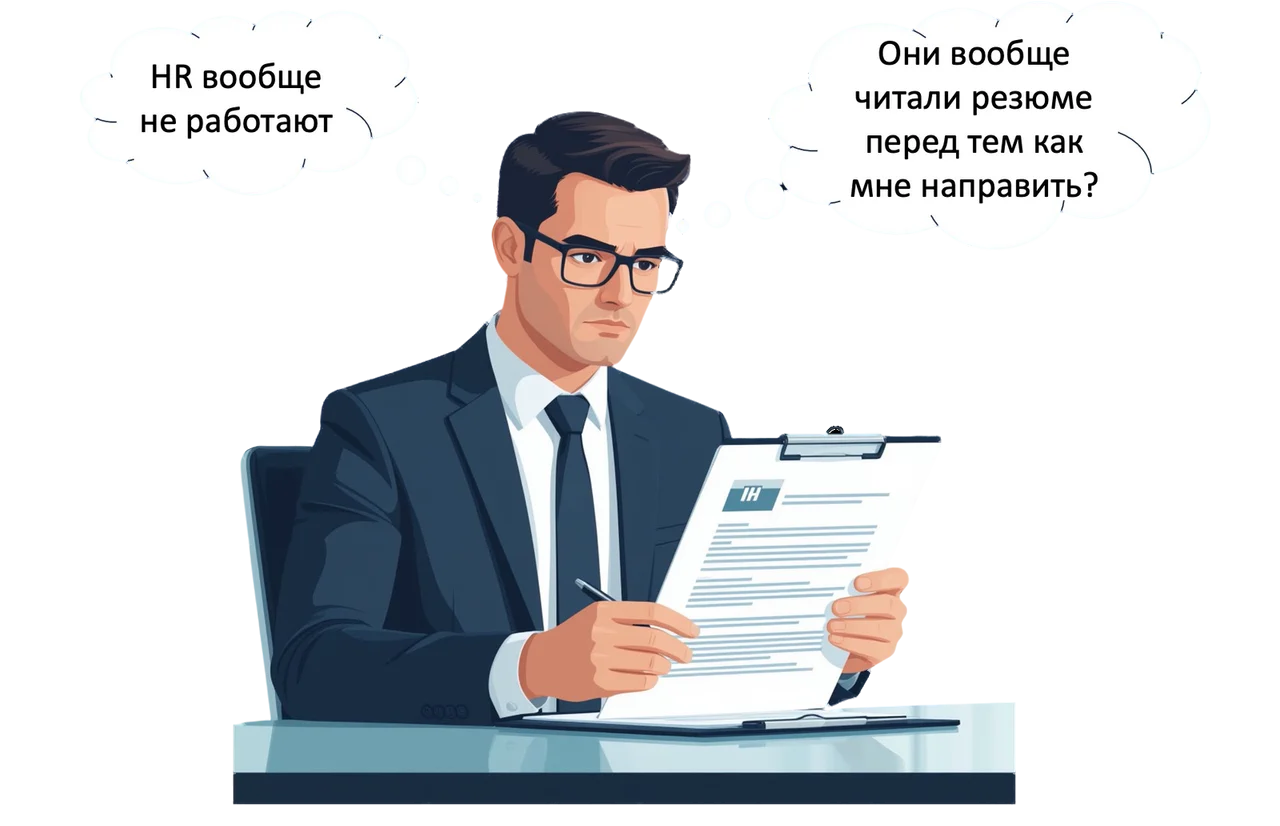 Руководитель в очках читает резюме и думает: «HR вообще не работают» и «Они вообще читали резюме перед тем, как мне направить?»